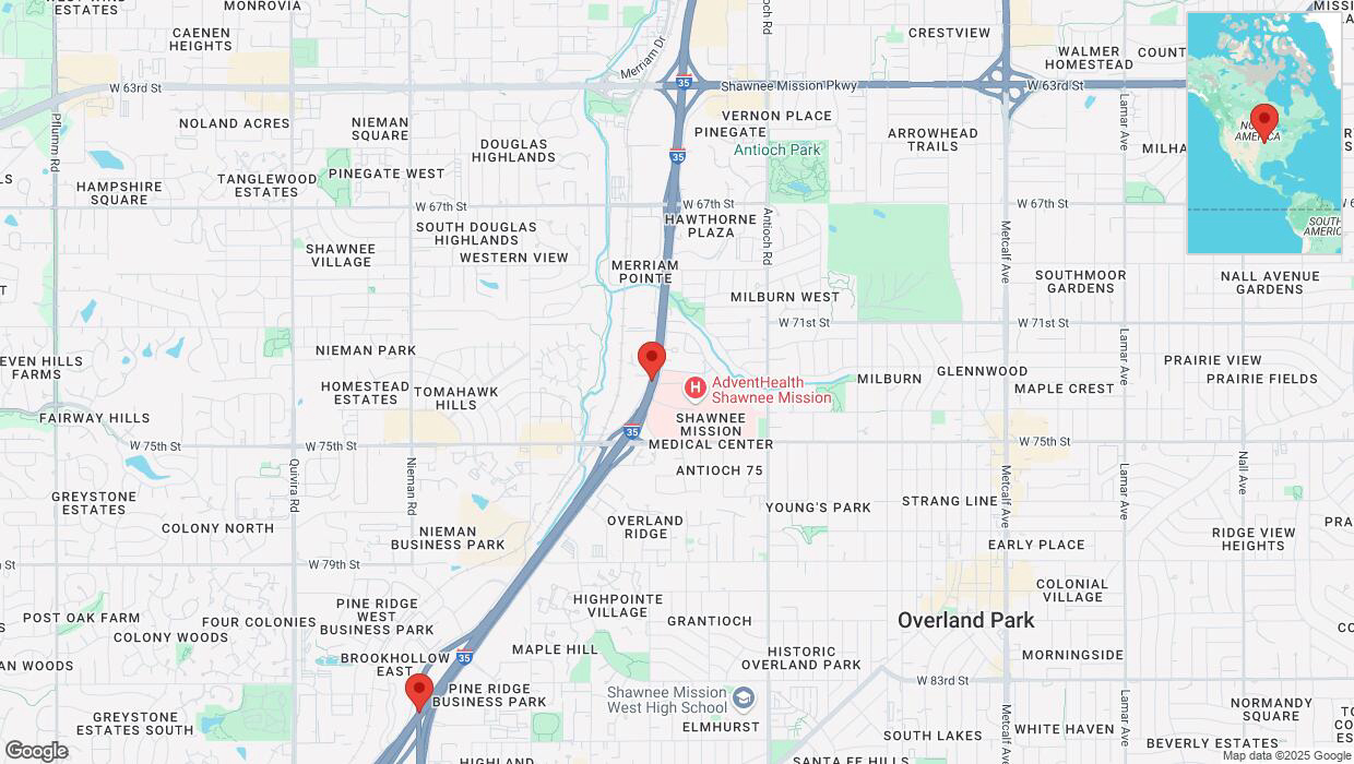 A detailed map that shows the affected road due to 'Heavy snowfall on westbound I-35 in Shawnee' on February 18th at 2:30 p.m.