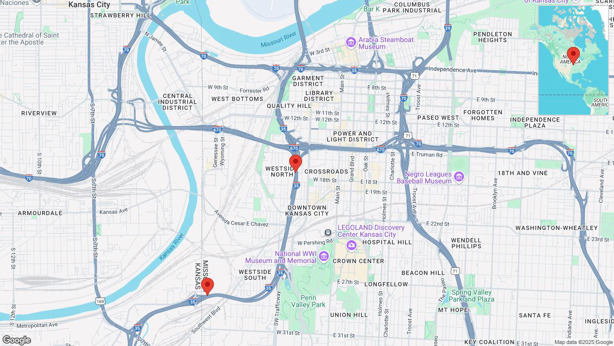 A detailed map that shows the affected road due to 'Heavy snowfall on southbound I-35 in Kansas City' on February 18th at 2:30 p.m.
