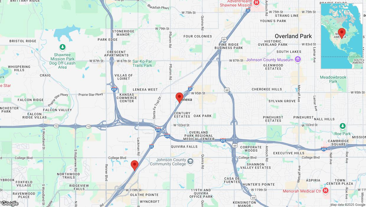 A detailed map that shows the affected road due to 'Heavy snowfall on westbound I-35 in Lenexa' on February 18th at 2:41 p.m.