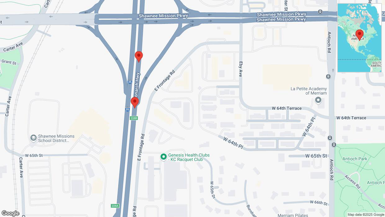 A detailed map that shows the affected road due to 'Warning in Merriam: Crash reported on northbound I-35' on February 18th at 2:41 p.m.