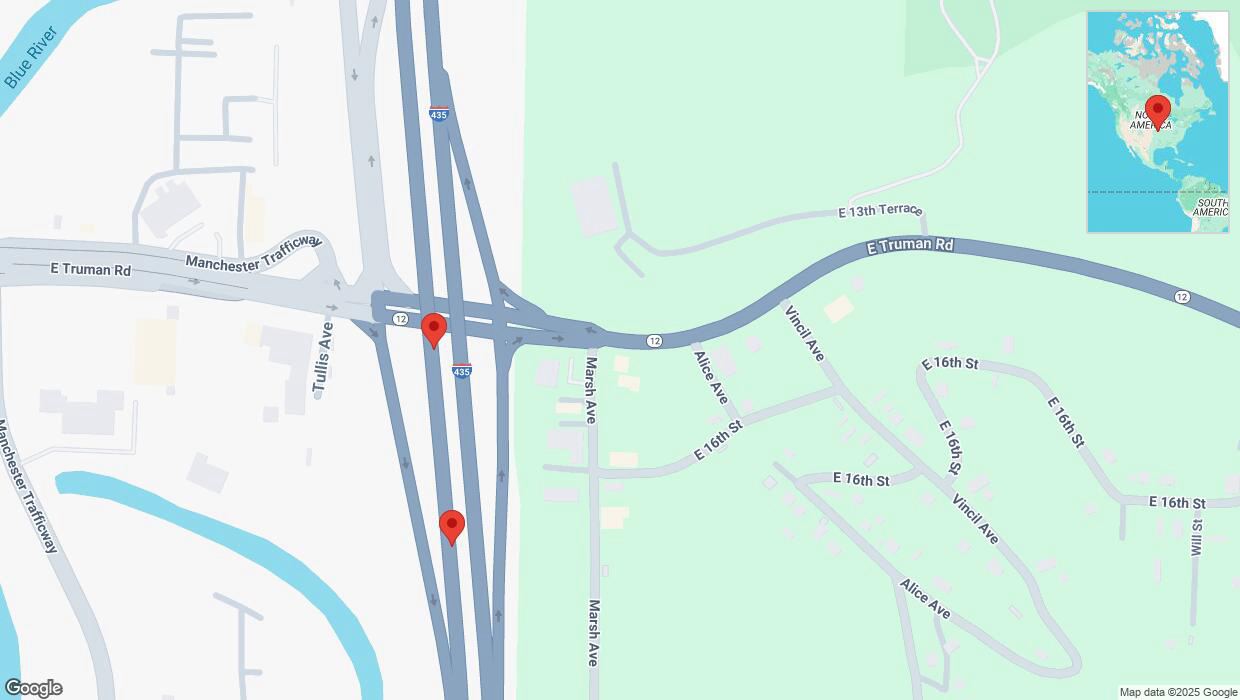 A detailed map that shows the affected road due to 'Warning in Kansas City: Crash reported on southbound I-435' on February 18th at 2:41 p.m.