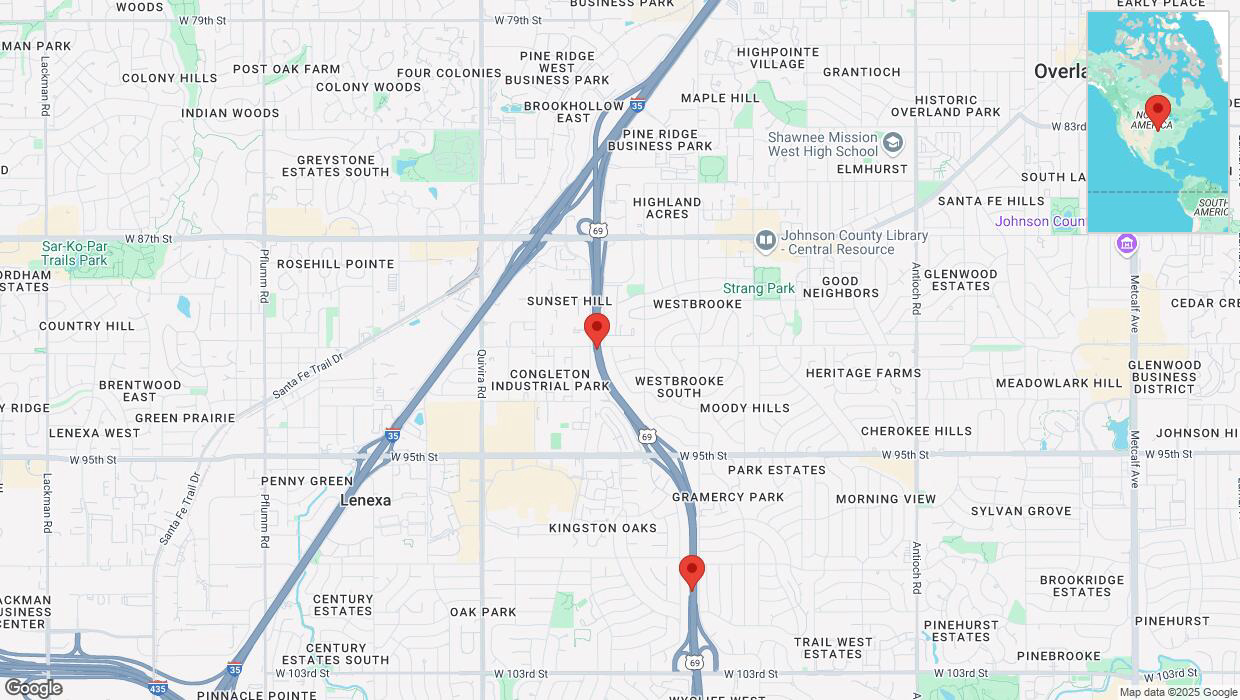 A detailed map that shows the affected road due to 'Heavy snowfall on southbound US-69 in Overland Park' on February 18th at 2:41 p.m.
