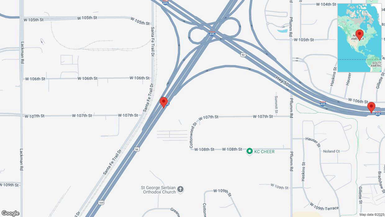 A detailed map that shows the affected road due to 'Heavy snowfall on eastbound US-50 East in Lenexa' on February 18th at 2:47 p.m.