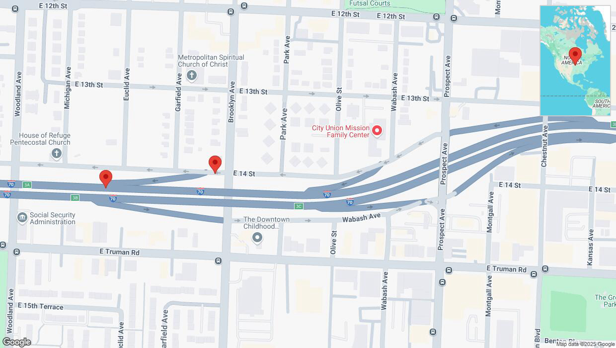 A detailed map that shows the affected road due to 'Warning: Crash on East 14th Street in Kansas City' on February 18th at 2:47 p.m.