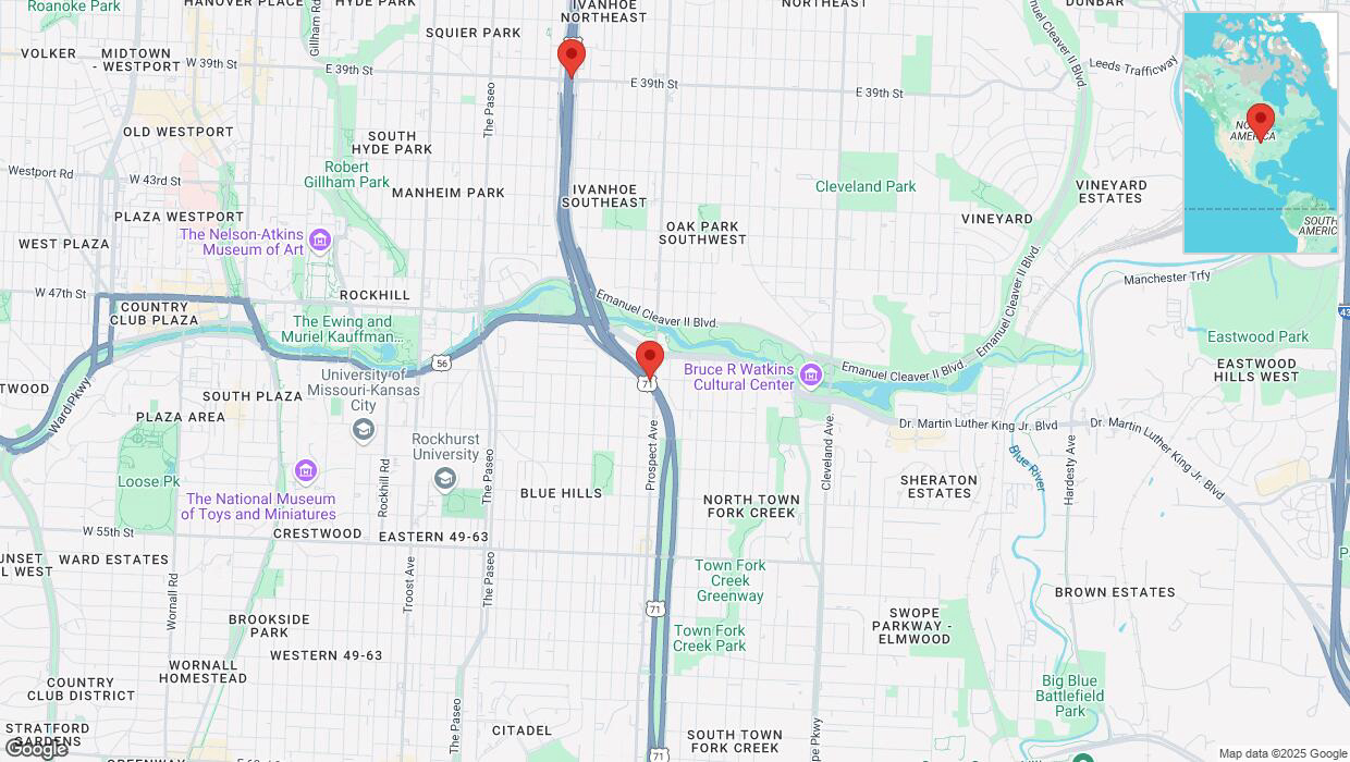 A detailed map that shows the affected road due to 'Heavy snowfall on northbound the Bruce R Watkins Expressway/US-71 in Kansas City' on February 18th at 2:47 p.m.