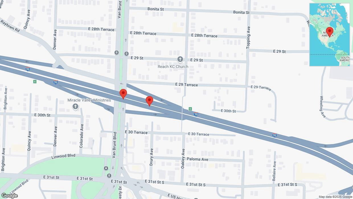 A detailed map that shows the affected road due to 'Broken down vehicle on eastbound I-70 in Kansas City' on February 18th at 2:47 p.m.