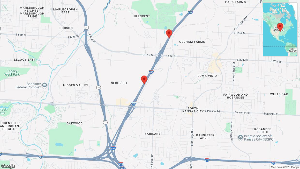 A detailed map that shows the affected road due to 'Heavy snowfall on northbound I-435 in Kansas City' on February 18th at 2:47 p.m.