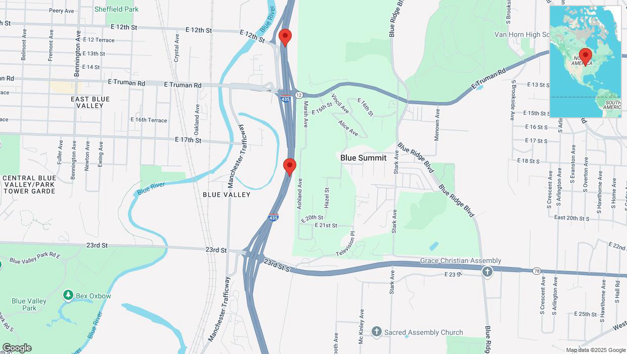 A detailed map that shows the affected road due to 'Heavy snowfall on northbound I-435 in Kansas City' on February 18th at 2:47 p.m.