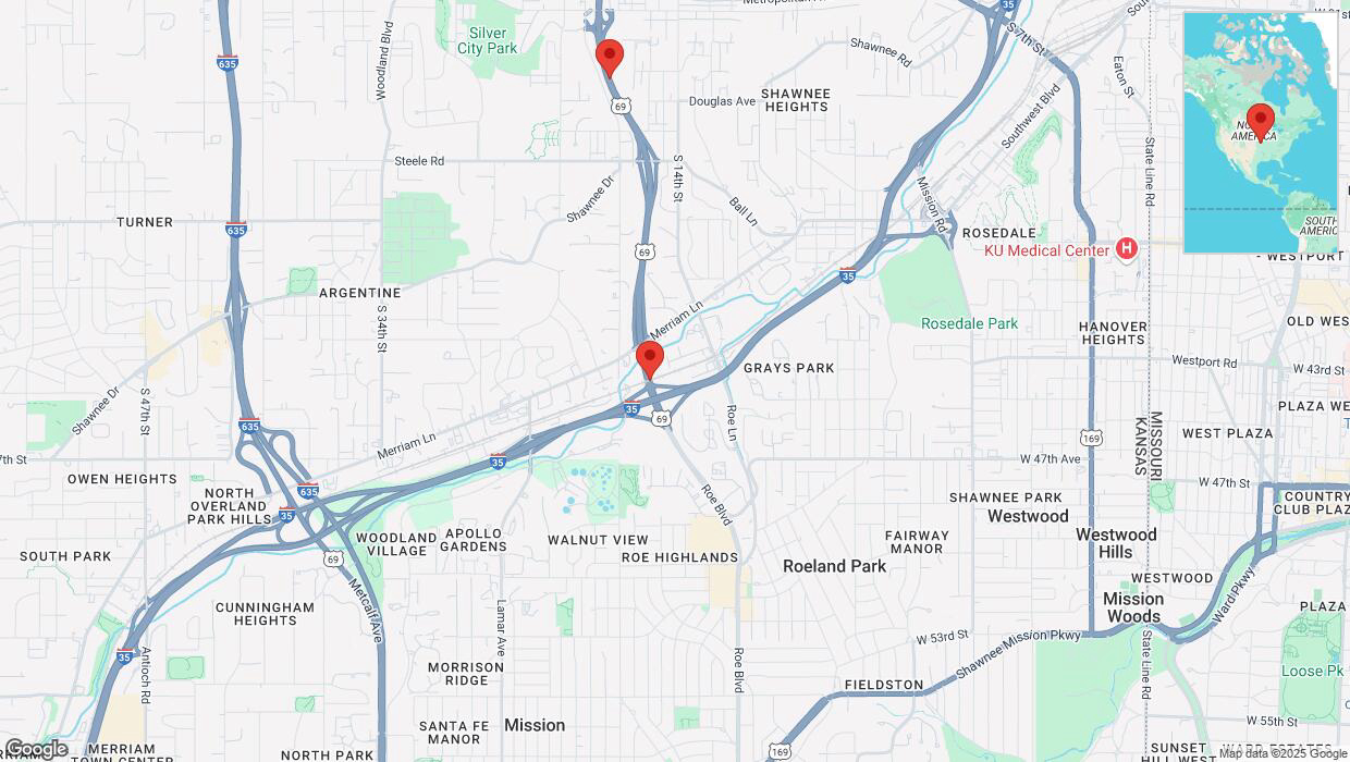 A detailed map that shows the affected road due to 'Heavy snowfall on northbound US-69 in Kansas City' on February 18th at 2:47 p.m.