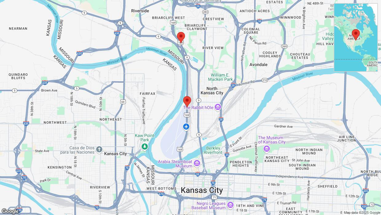 A detailed map that shows the affected road due to 'Heavy snowfall on northbound US-169 in North Kansas City' on February 18th at 2:47 p.m.