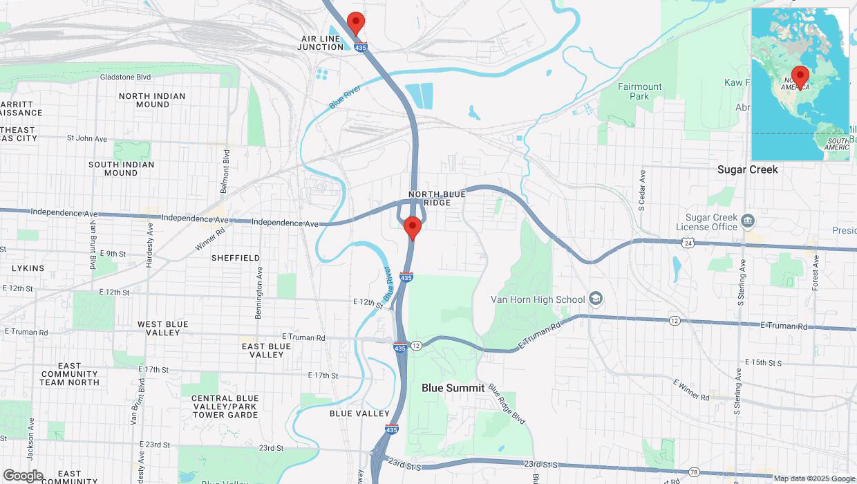 A detailed map that shows the affected road due to 'Heavy snowfall on northbound I-435 in Kansas City' on February 18th at 2:52 p.m.
