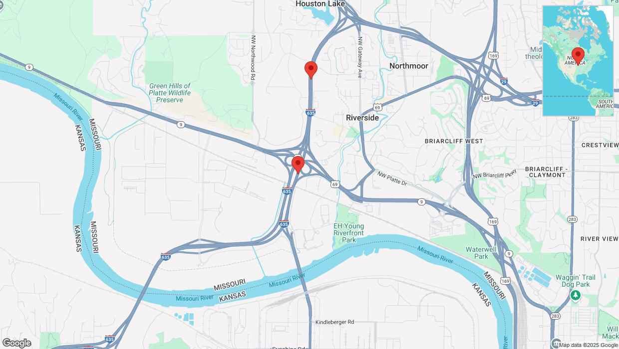 A detailed map that shows the affected road due to 'Heavy snowfall on northbound I-635 in Riverside' on February 18th at 2:52 p.m.