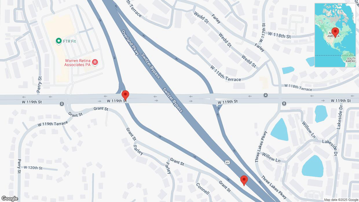 A detailed map that shows the affected road due to 'Heavy snowfall on Grant Street in Overland Park' on February 18th at 2:59 p.m.