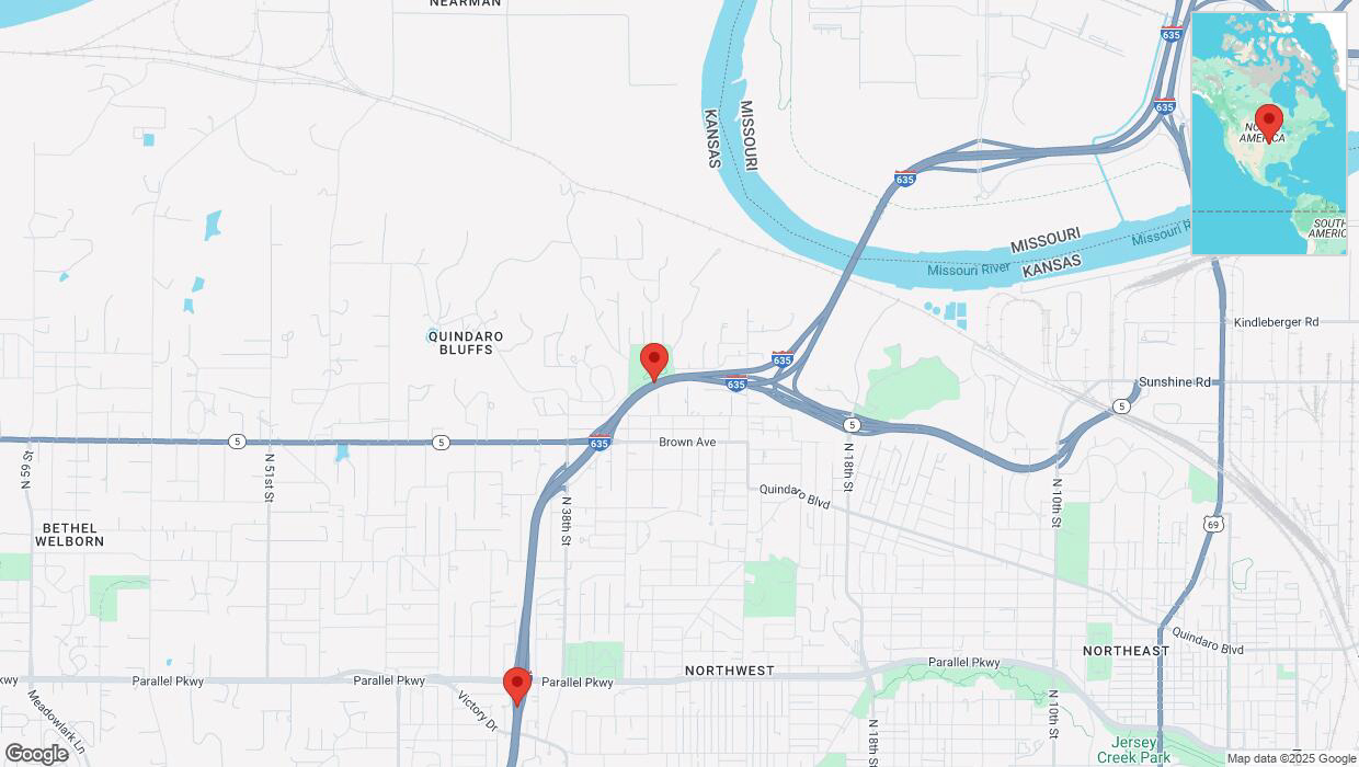 A detailed map that shows the affected road due to 'Heavy snowfall on westbound I-635 in Kansas City' on February 18th at 2:59 p.m.