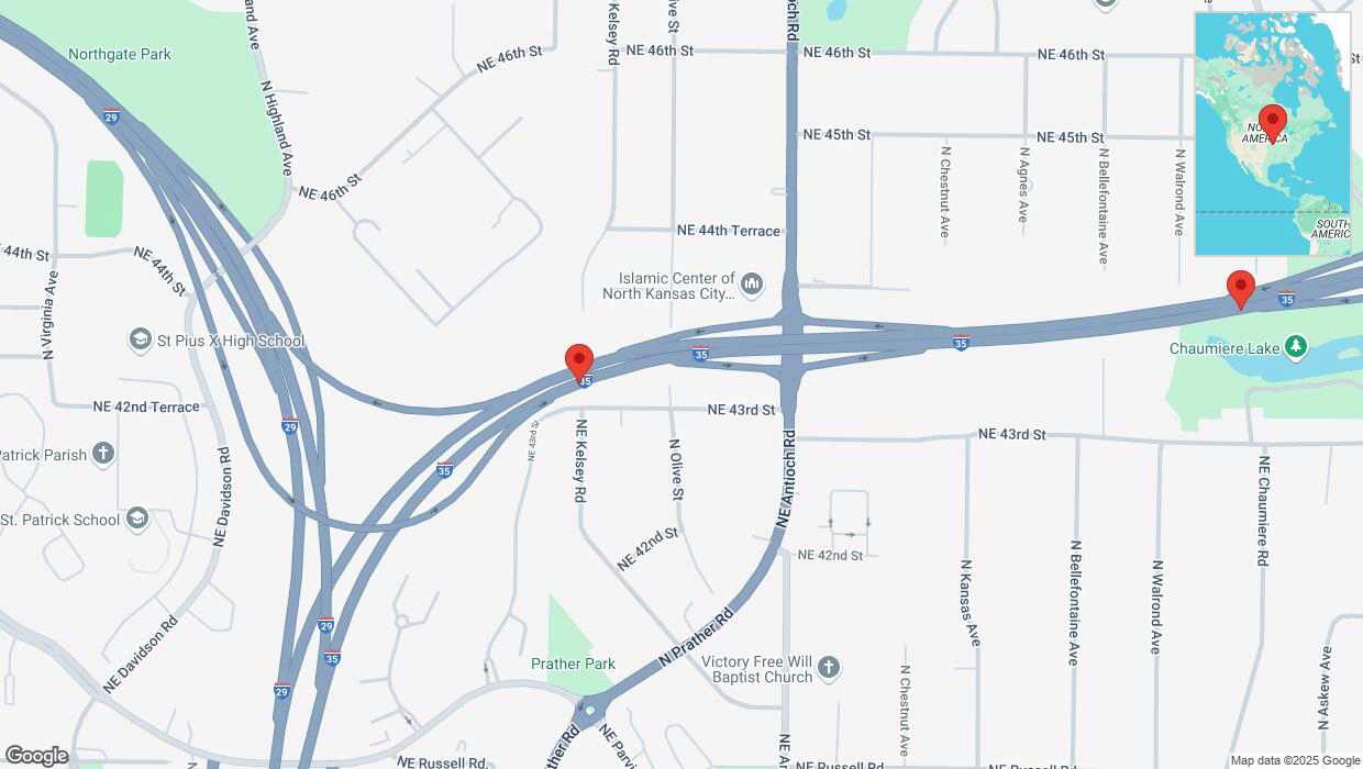 A detailed map that shows the affected road due to 'Heavy snowfall on northbound I-35 in Kansas City' on February 18th at 2:59 p.m.