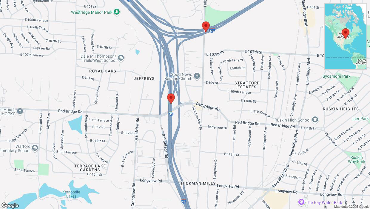 A detailed map that shows the affected road due to 'Heavy snowfall on the U. S. Highway 71 in Kansas City' on February 18th at 2:59 p.m.