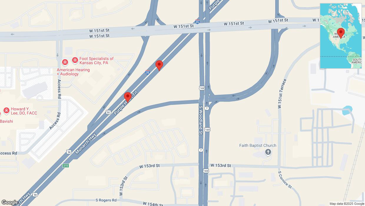 A detailed map that shows the affected road due to 'Broken down vehicle on eastbound I-35 in Olathe' on February 18th at 3:29 p.m.