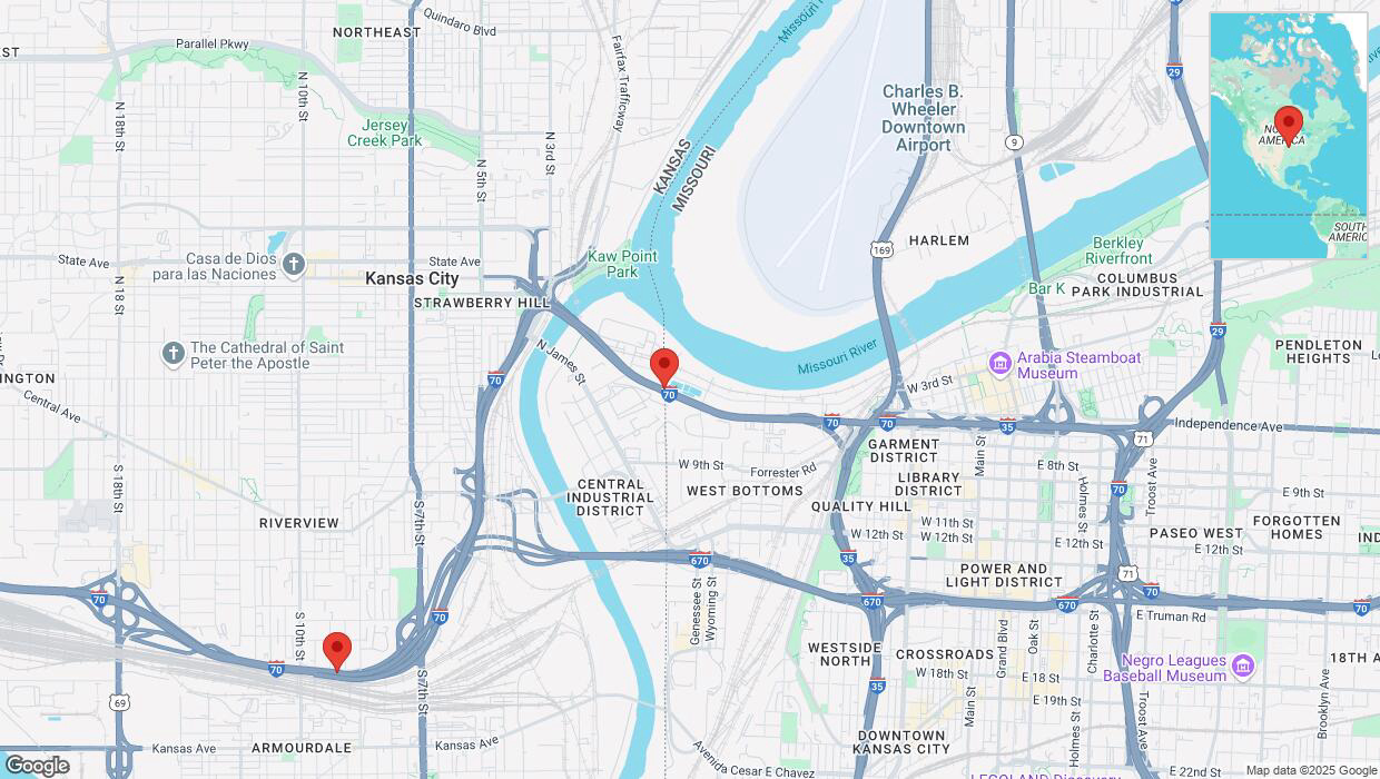 A detailed map that shows the affected road due to 'Heavy snowfall on westbound I-70 in Kansas City' on February 18th at 3:05 p.m.