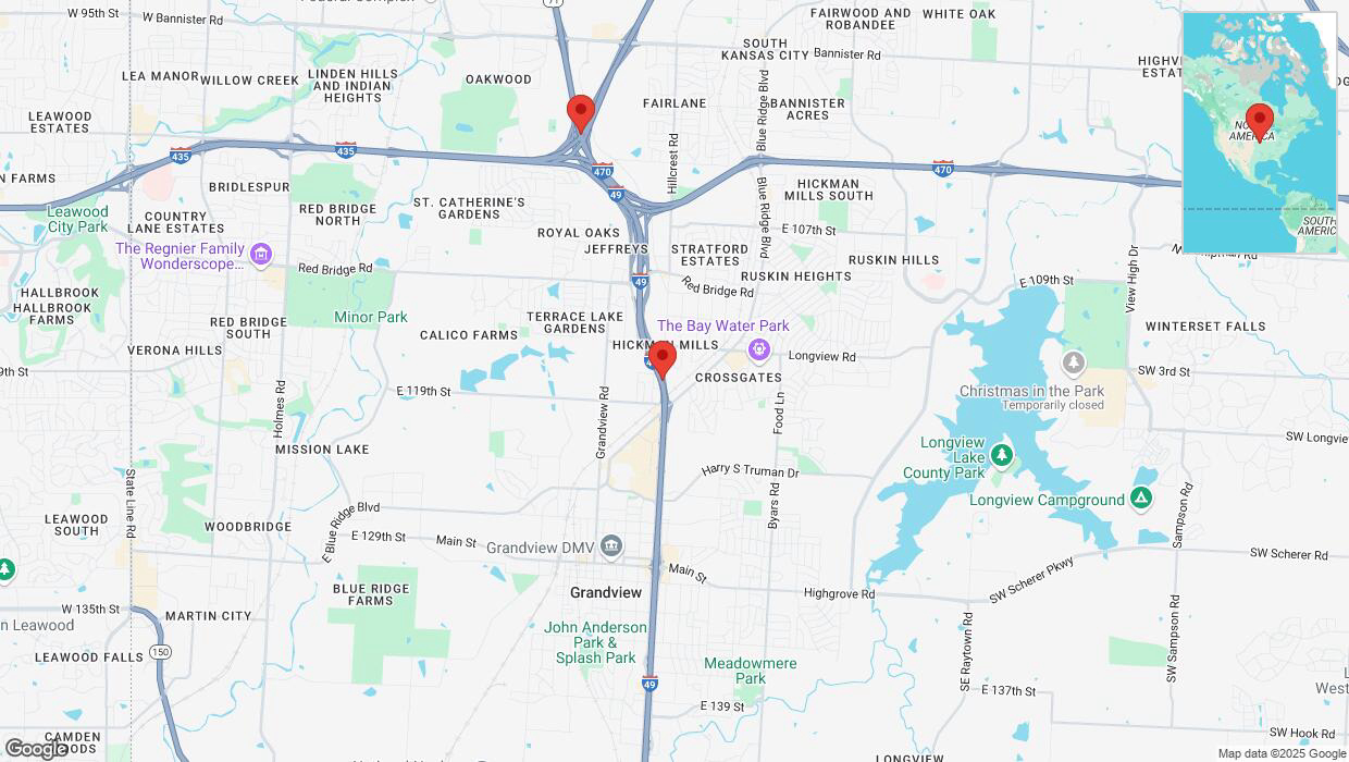 A detailed map that shows the affected road due to 'Heavy snowfall on northbound I-40/US-71 in Kansas City' on February 18th at 3:05 p.m.