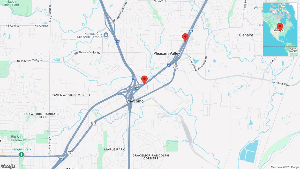 A detailed map that shows the affected road due to 'Heavy snowfall on northbound I-35 in Liberty' on February 18th at 3:05 p.m.