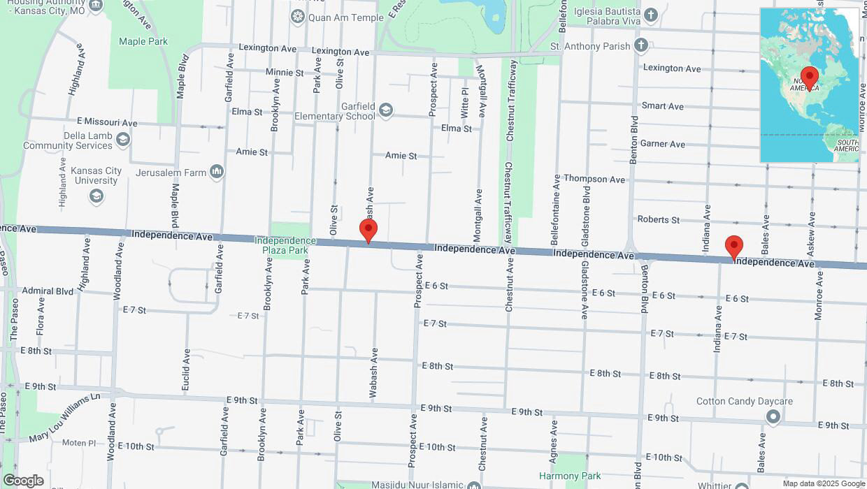 A detailed map that shows the affected road due to 'Heavy snowfall on eastbound Independence Avenue/US-24 in Kansas City' on February 18th at 3:11 p.m.