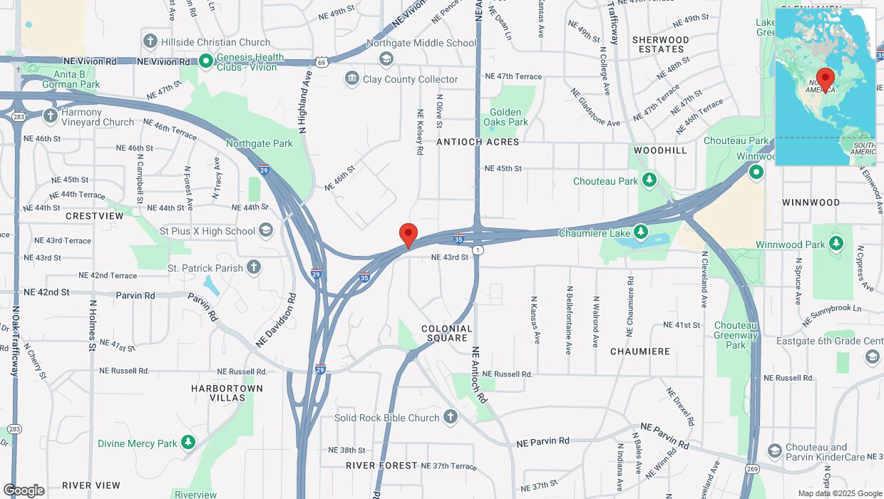 A detailed map that shows the affected road due to 'Heavy snowfall on northbound I-35 in Kansas City' on February 18th at 3:11 p.m.