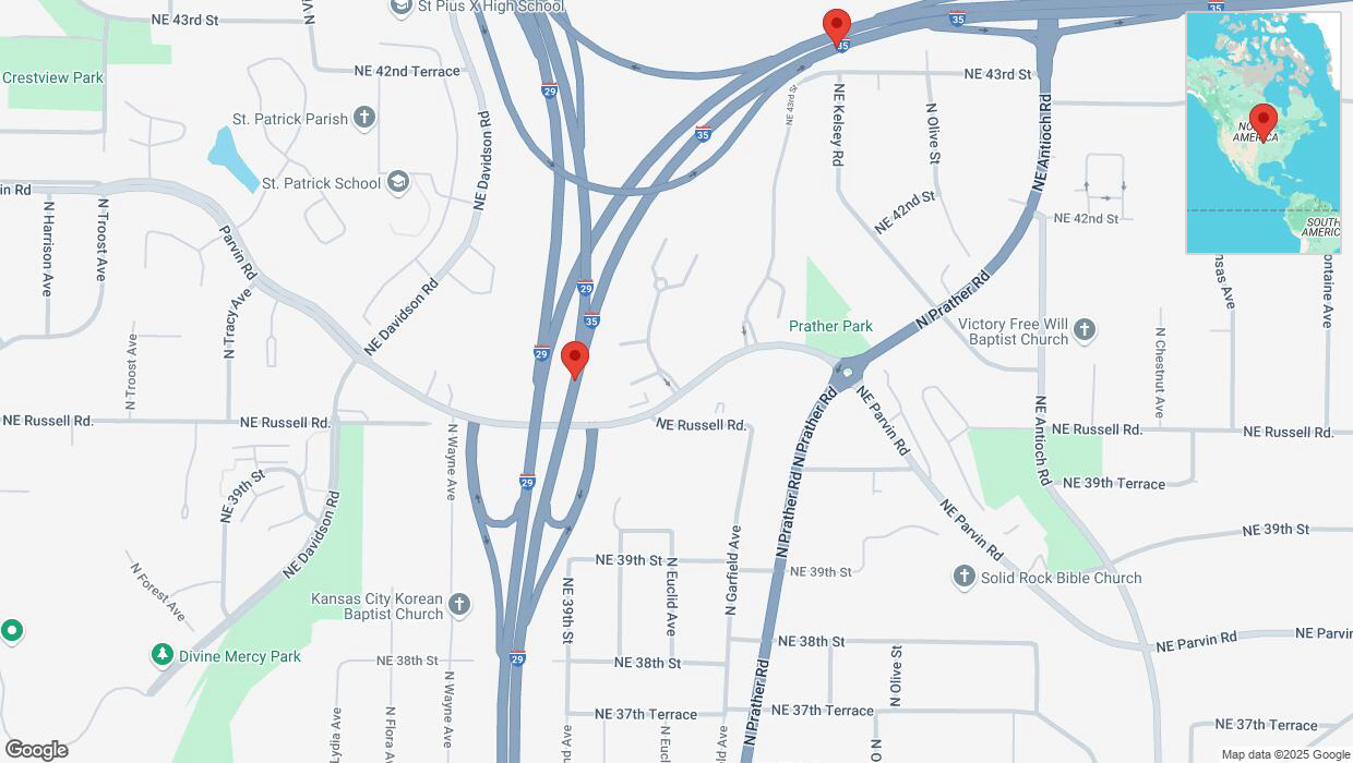A detailed map that shows the affected road due to 'Heavy snowfall on northbound I-35 North in Kansas City' on February 18th at 3:11 p.m.