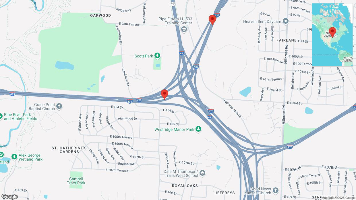 A detailed map that shows the affected road due to 'Heavy snowfall on northbound I-435 in Kansas City' on February 18th at 3:17 p.m.
