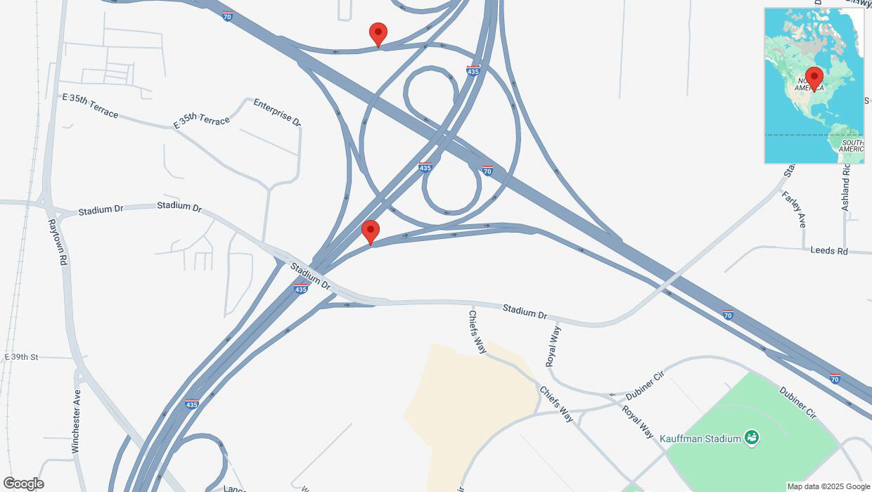 A detailed map that shows the affected road due to 'Heavy snowfall on Interstate 435 in Kansas City' on February 18th at 3:17 p.m.