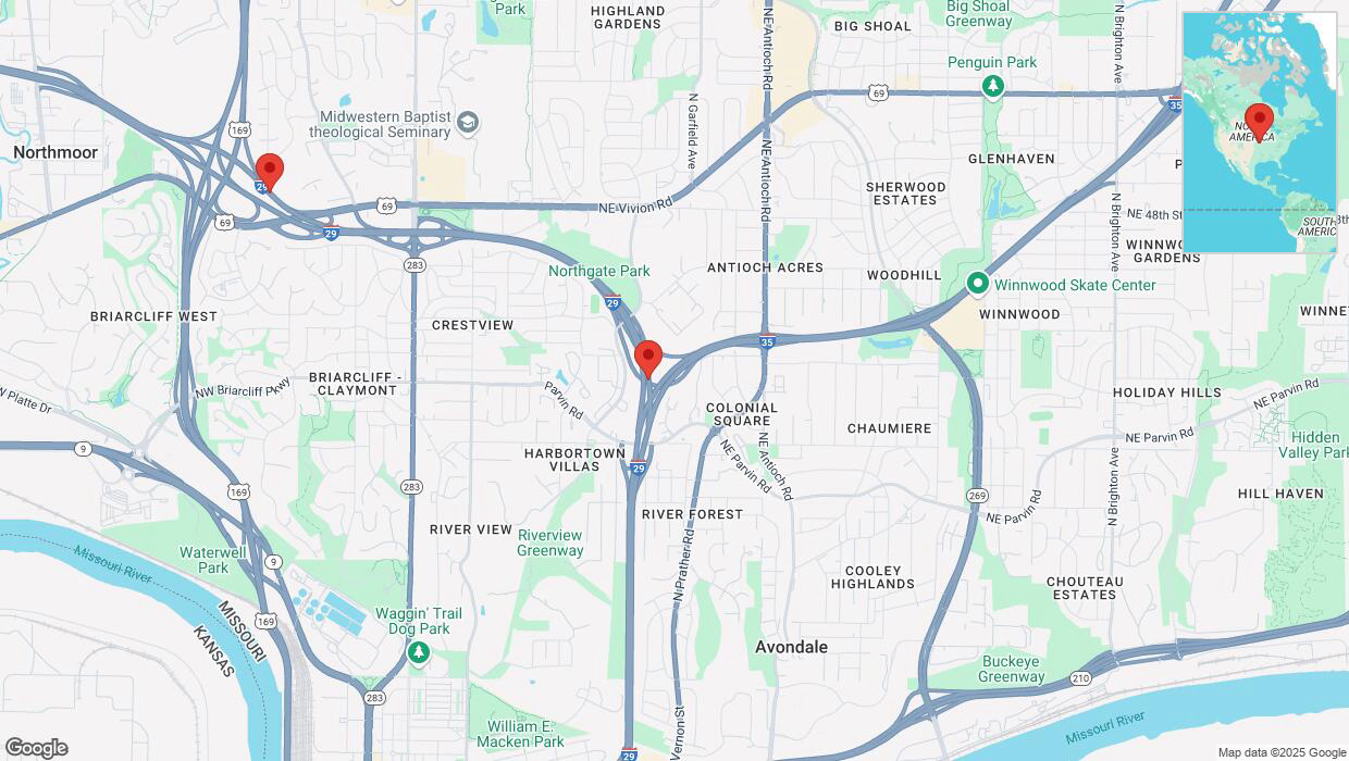 A detailed map that shows the affected road due to 'Heavy snowfall on northbound I-29 in Kansas City' on February 18th at 3:17 p.m.