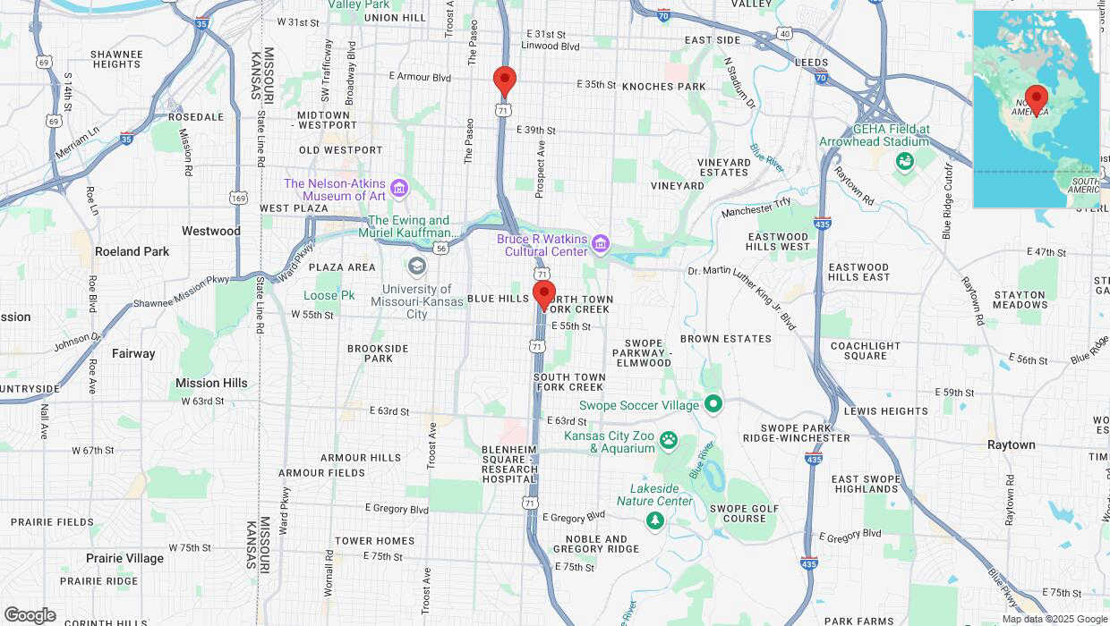 A detailed map that shows the affected road due to 'Heavy snowfall on northbound the Bruce R Watkins Expressway/US-71 in Kansas City' on February 18th at 3:17 p.m.