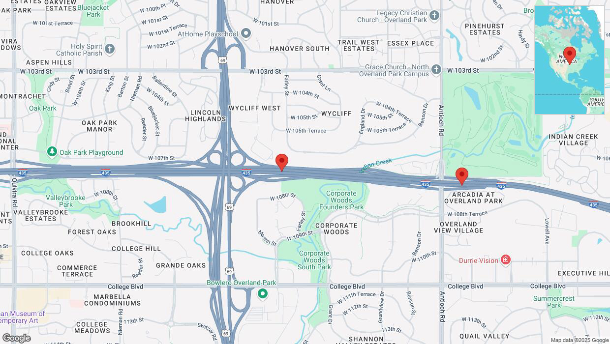 A detailed map that shows the affected road due to 'Heavy snowfall on eastbound I-435 in Overland Park' on February 18th at 3:23 p.m.