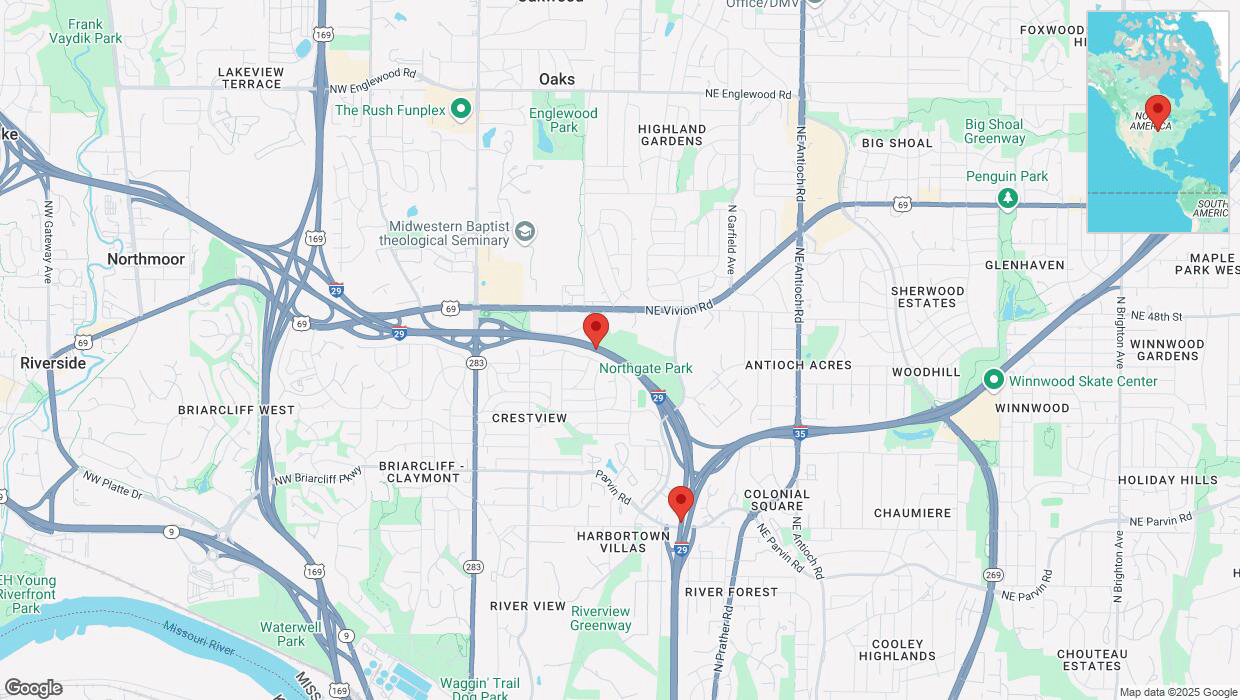 A detailed map that shows the affected road due to 'Heavy snowfall on southbound I-29 in Kansas City' on February 18th at 3:23 p.m.