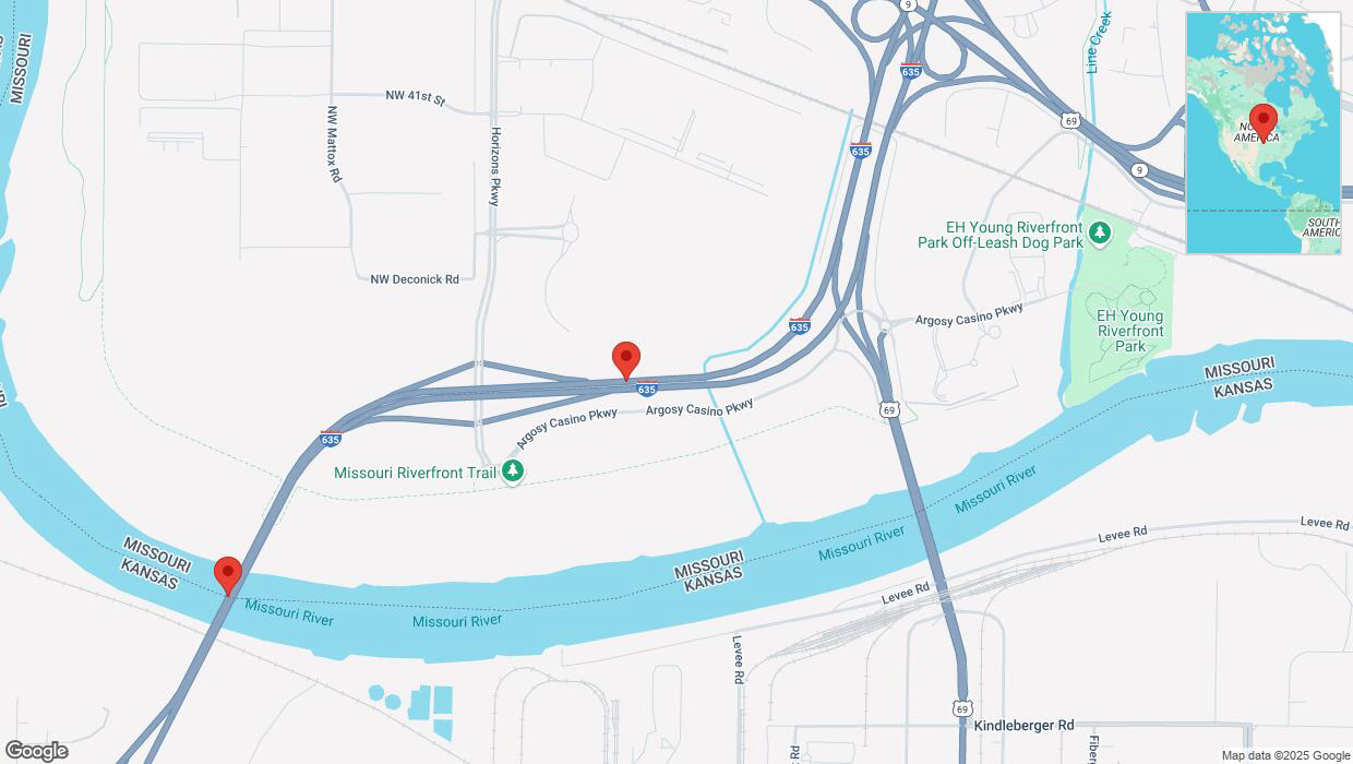 A detailed map that shows the affected road due to 'Heavy snowfall on southbound I-635 in Riverside' on February 18th at 3:23 p.m.