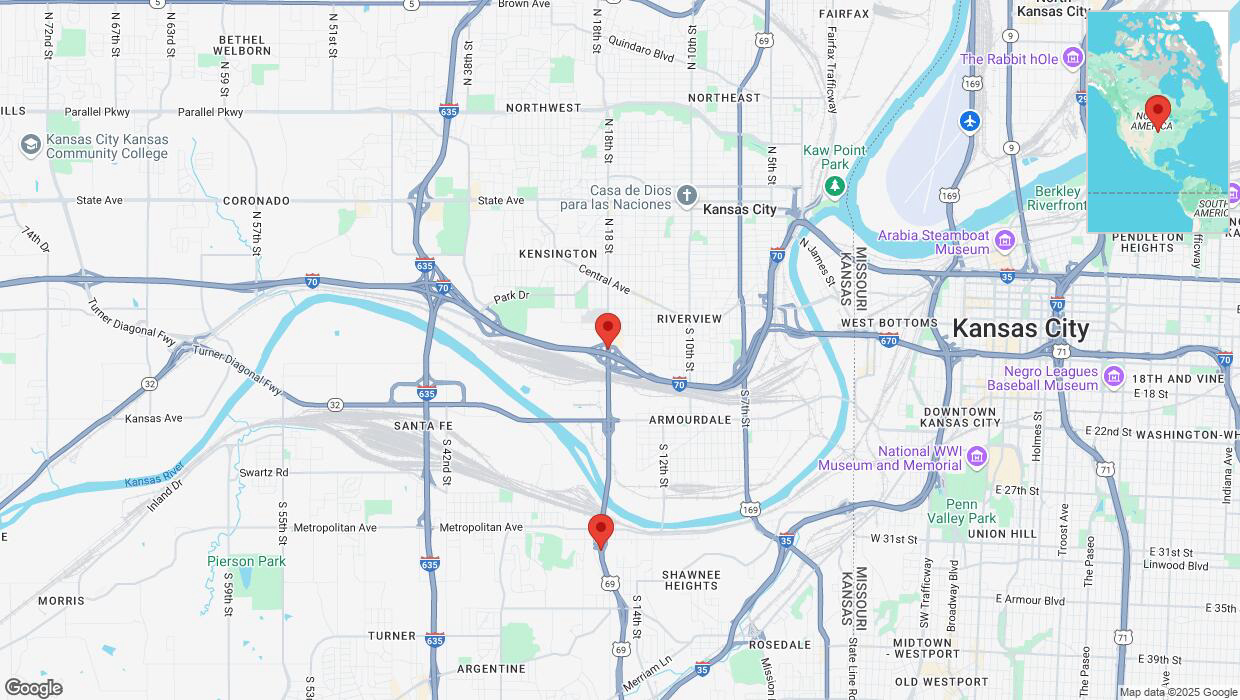 A detailed map that shows the affected road due to 'Heavy snowfall on southbound US-69 in Kansas City' on February 18th at 3:29 p.m.