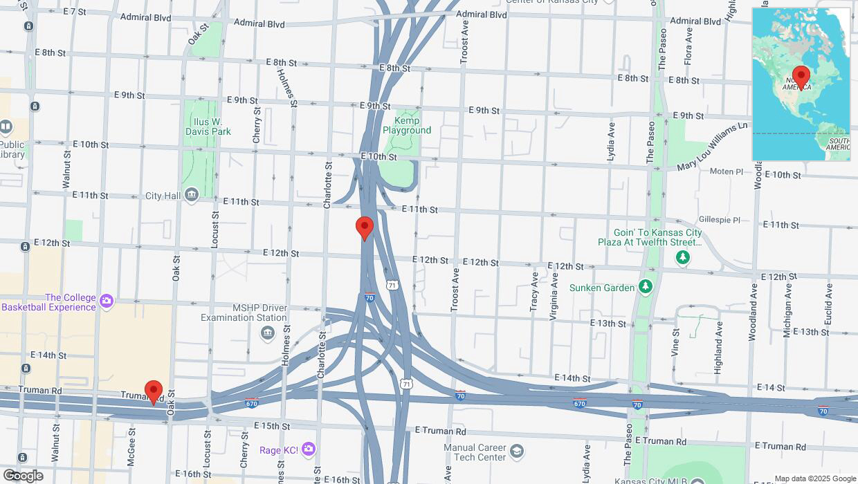 A detailed map that shows the affected road due to 'Heavy snowfall on southbound US-71 South in Kansas City' on February 18th at 8:02 p.m.