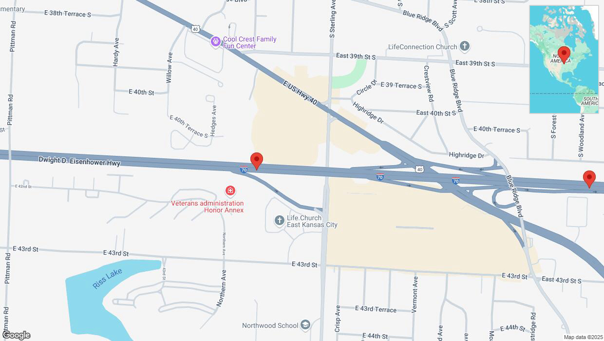A detailed map that shows the affected road due to 'Crash reported on eastbound I-70 in Kansas City' on February 18th at 3:29 p.m.
