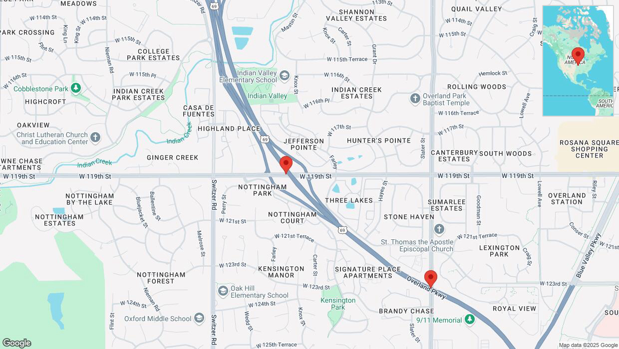 A detailed map that shows the affected road due to 'Heavy snowfall on southbound US-69 in Overland Park' on February 18th at 3:35 p.m.