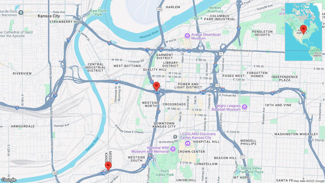 A detailed map that shows the affected road due to 'Heavy snowfall on southbound I-35 in Kansas City' on February 18th at 3:35 p.m.