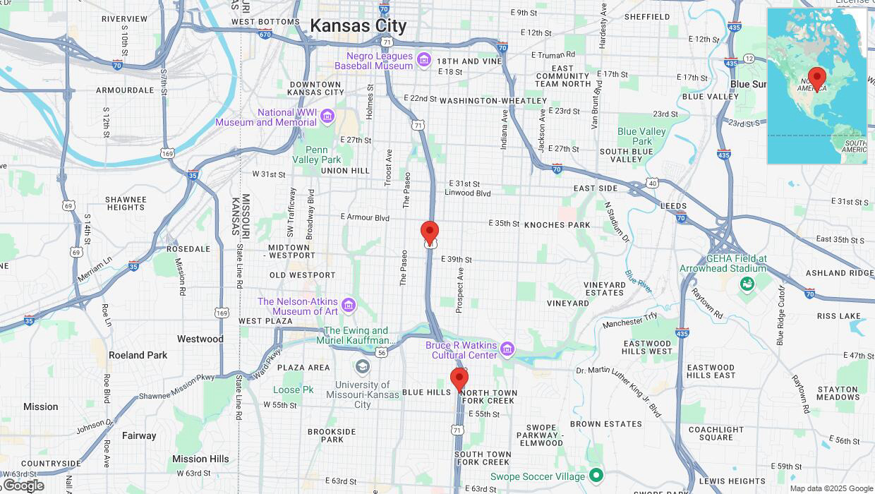 A detailed map that shows the affected road due to 'Heavy snowfall on southbound the Bruce R Watkins Expressway/US-71 in Kansas City' on February 18th at 3:35 p.m.