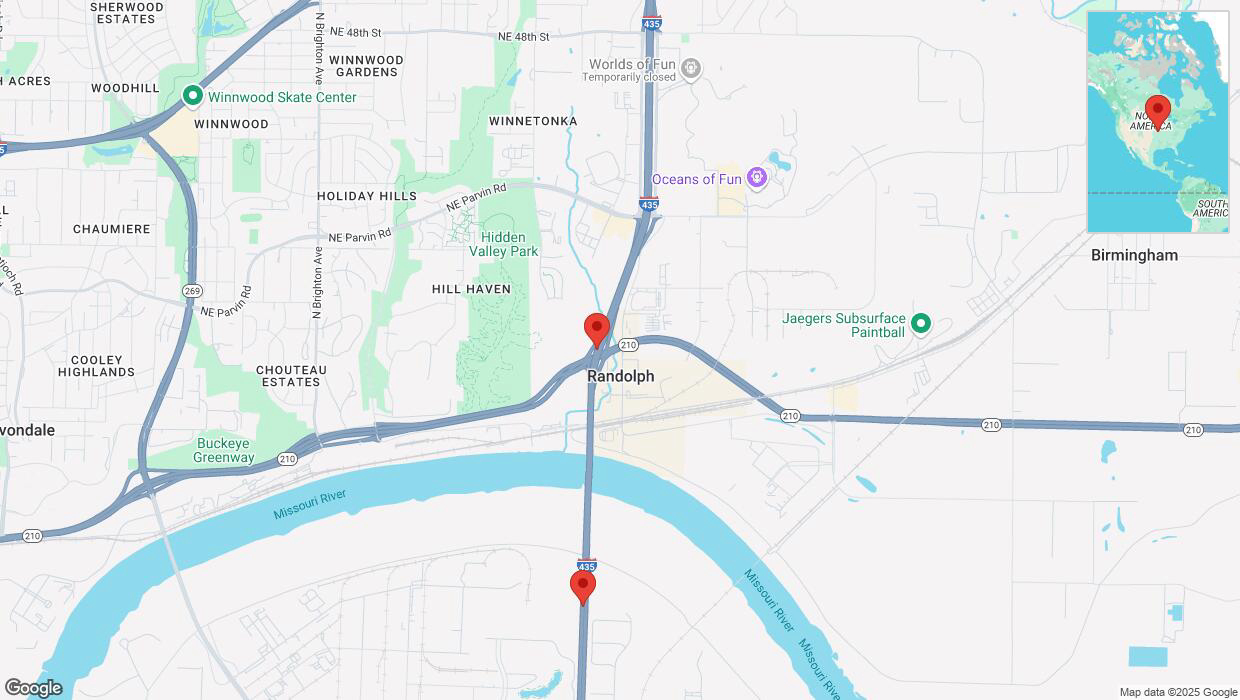 A detailed map that shows the affected road due to 'Heavy snowfall on southbound I-435 in Kansas City' on February 18th at 3:35 p.m.