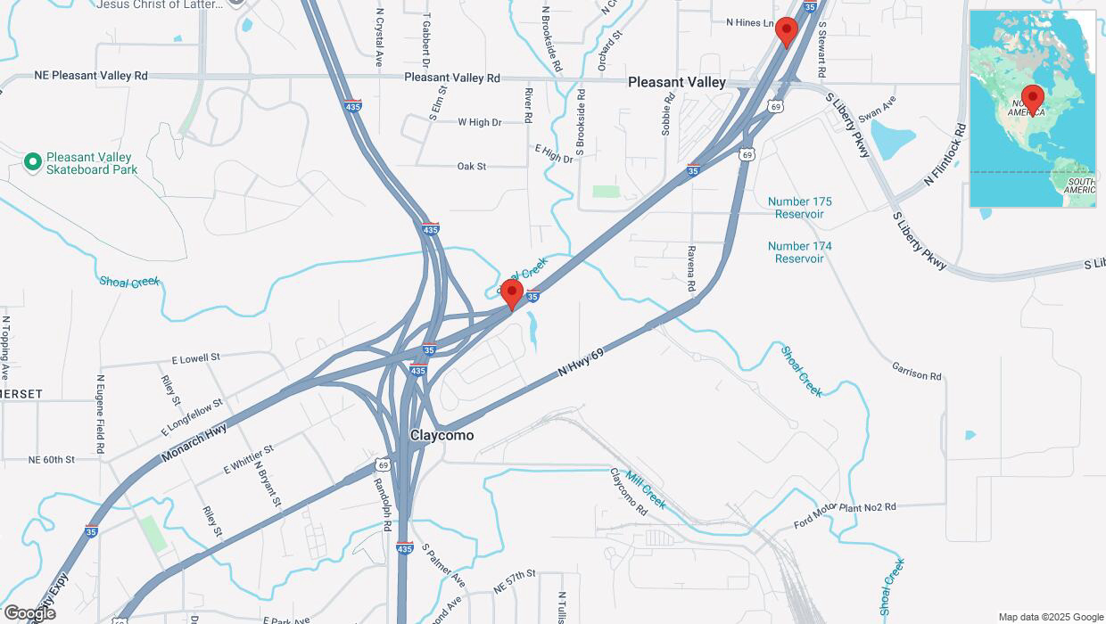 A detailed map that shows the affected road due to 'Heavy snowfall on northbound I-35 in Liberty' on February 18th at 3:35 p.m.