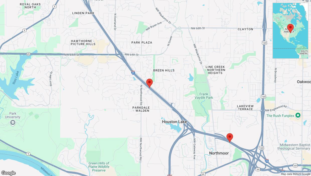 A detailed map that shows the affected road due to 'Heavy snowfall on southbound I-29 in Kansas City' on February 18th at 3:41 p.m.