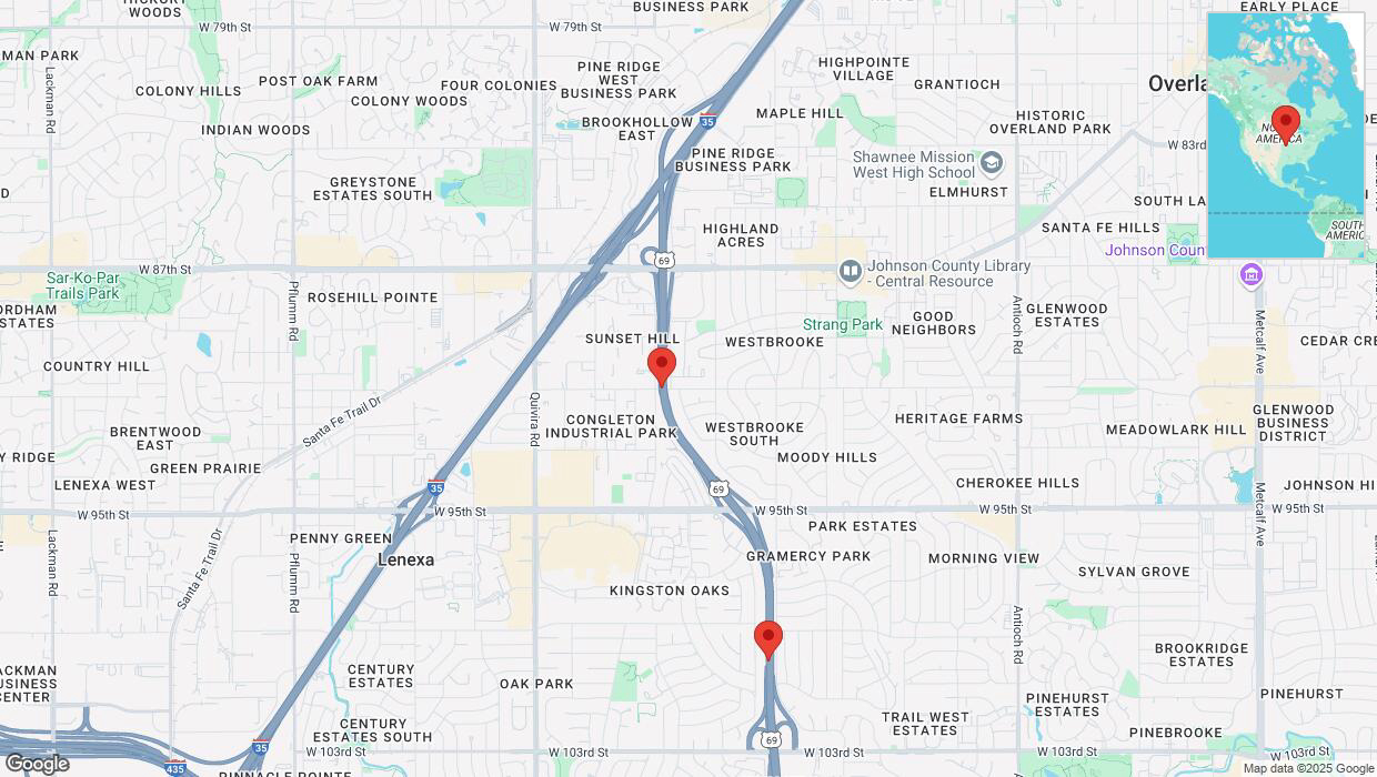 A detailed map that shows the affected road due to 'Heavy snowfall on southbound US-69 in Overland Park' on February 18th at 3:41 p.m.