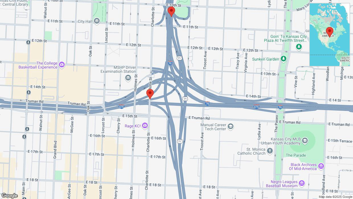 A detailed map that shows the affected road due to 'Heavy snowfall on northbound US-71 North in Kansas City' on February 18th at 3:41 p.m.