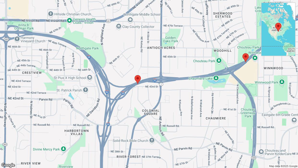 A detailed map that shows the affected road due to 'Heavy snowfall on northbound I-35 in Kansas City' on February 18th at 3:41 p.m.