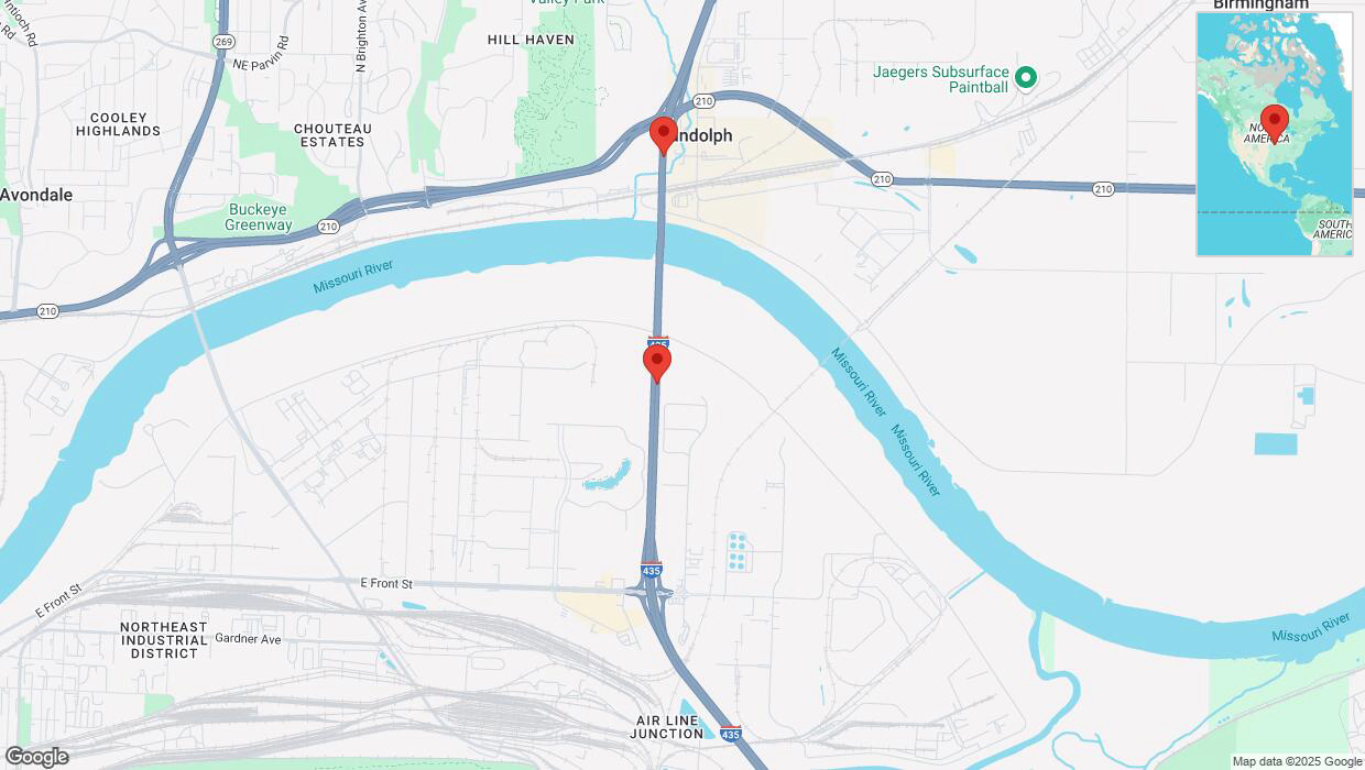 A detailed map that shows the affected road due to 'Heavy snowfall on northbound I-435 in Kansas City' on February 18th at 3:41 p.m.