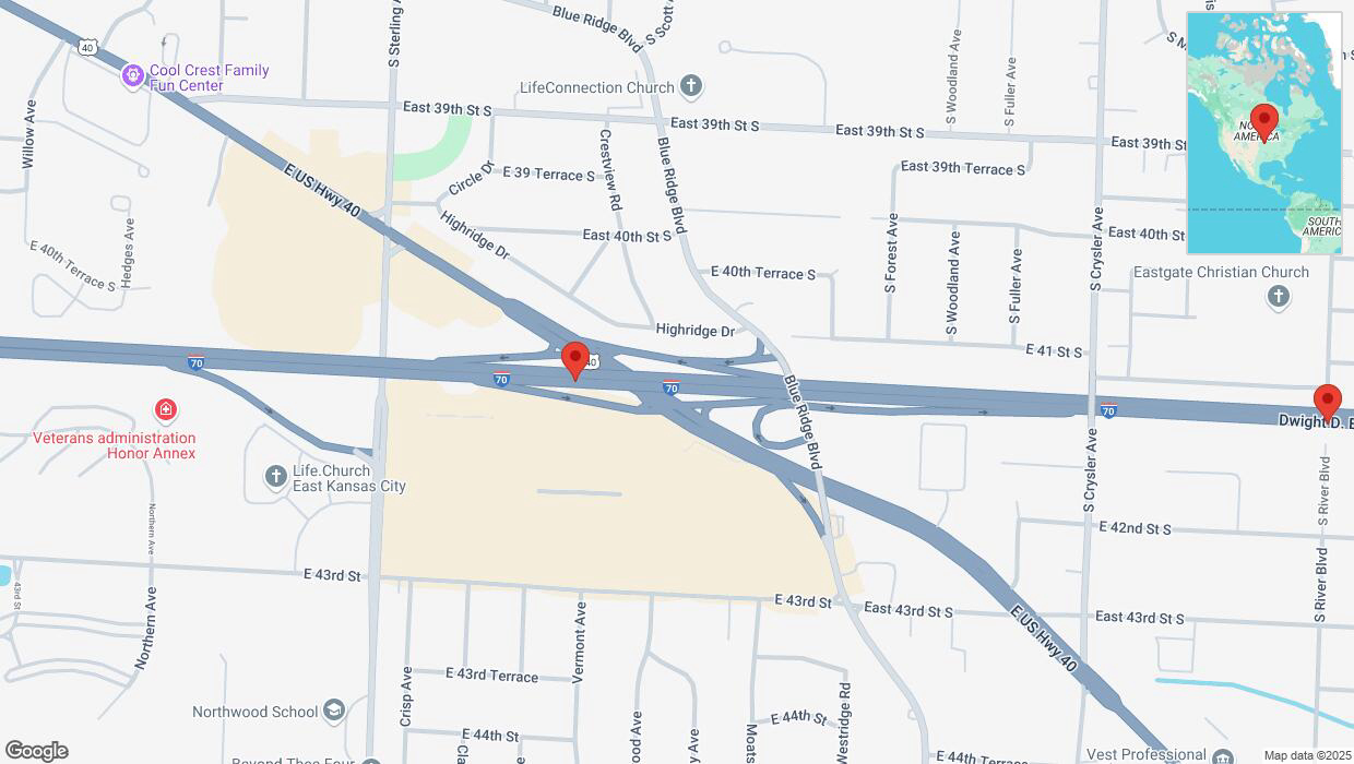 A detailed map that shows the affected road due to 'Warning: Crash on eastbound I-70 in Independence' on February 18th at 3:41 p.m.