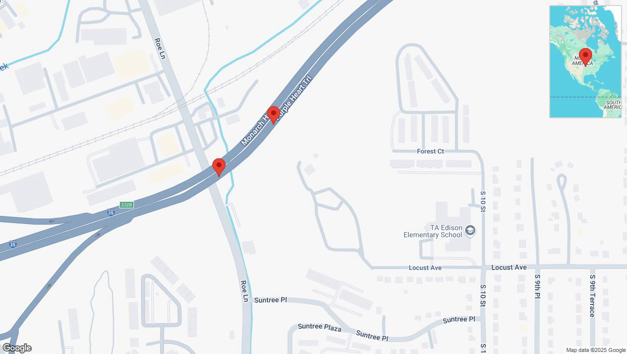 A detailed map that shows the affected road due to 'Warning: Crash on northbound I-35 in Kansas City' on February 18th at 11:18 p.m.