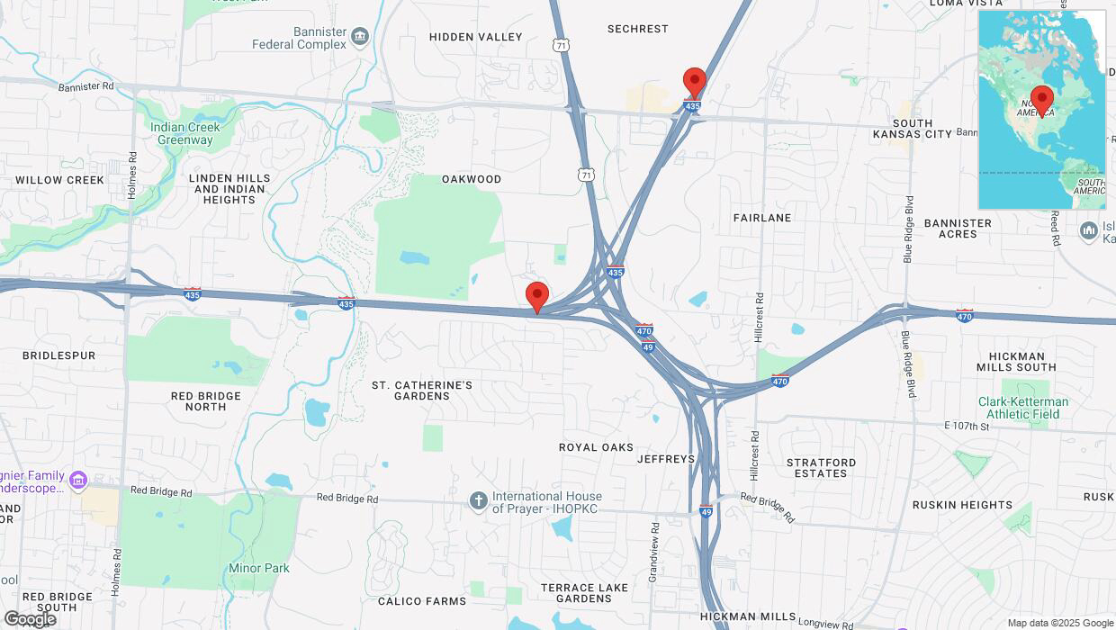 A detailed map that shows the affected road due to 'Heavy snowfall on northbound I-435 in Kansas City' on February 18th at 3:46 p.m.